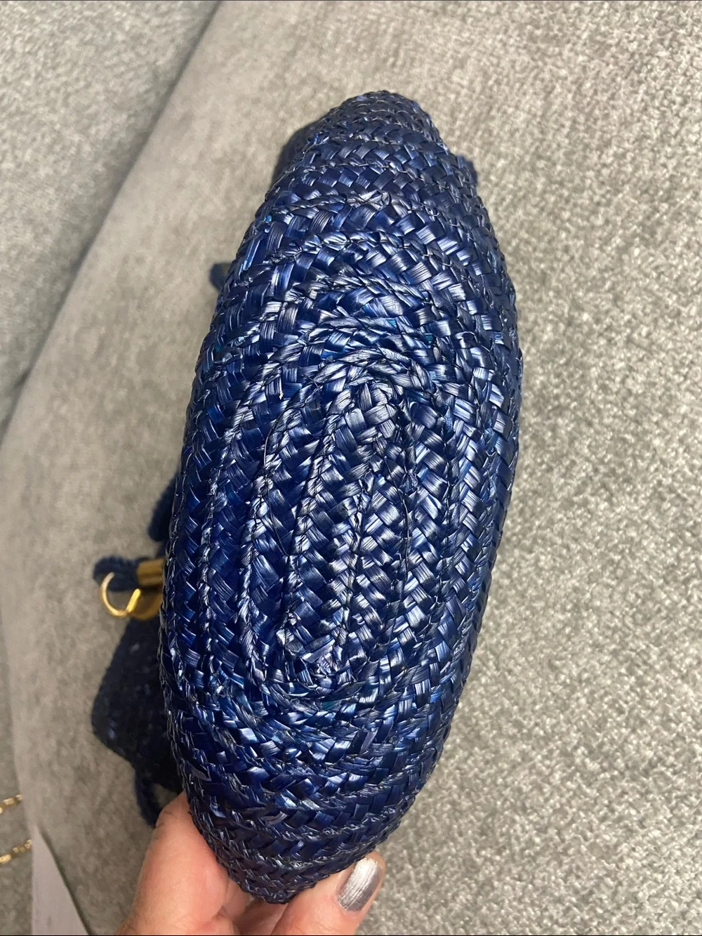 Straw tote in navy with gold trim